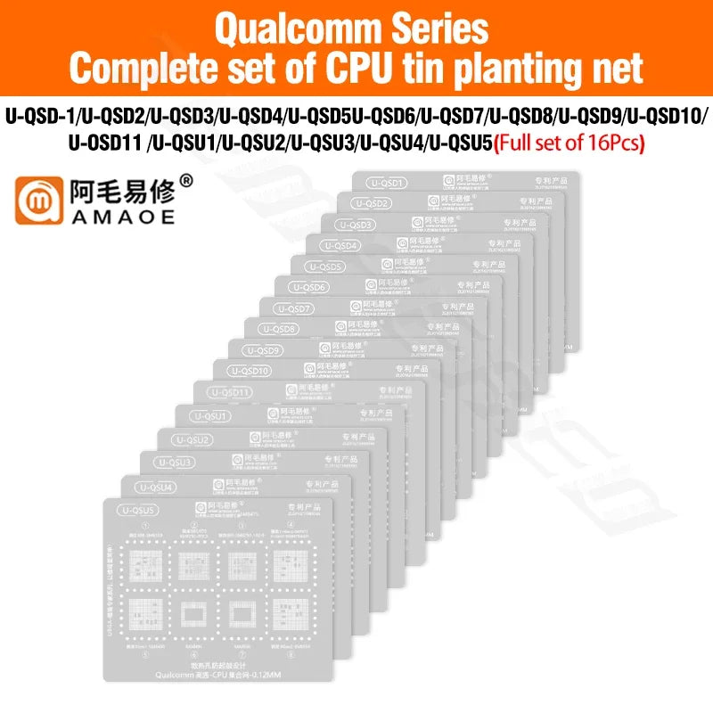 AMAOE Qualcomm Universal Multi-Function BGA Reballing Stencil for U-QSD/U-QSU/Comprehensive Net /CPU 0.12mm Planting Tin Mesh