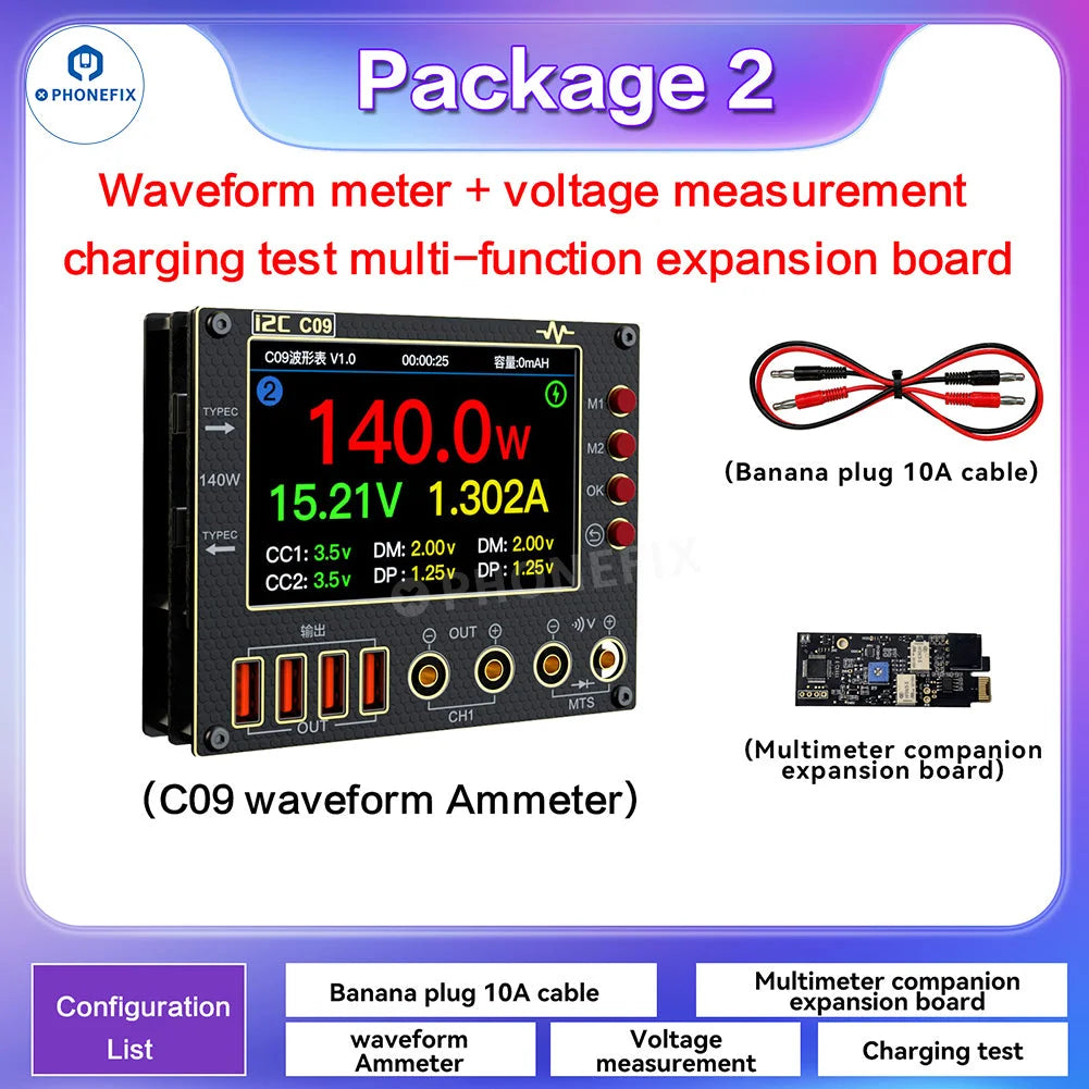 i2C C09 Waveform Ammeter Dual Channel Voltage Current Tester LCD Display Fast Diode Scaning for Phone Electronic Repair