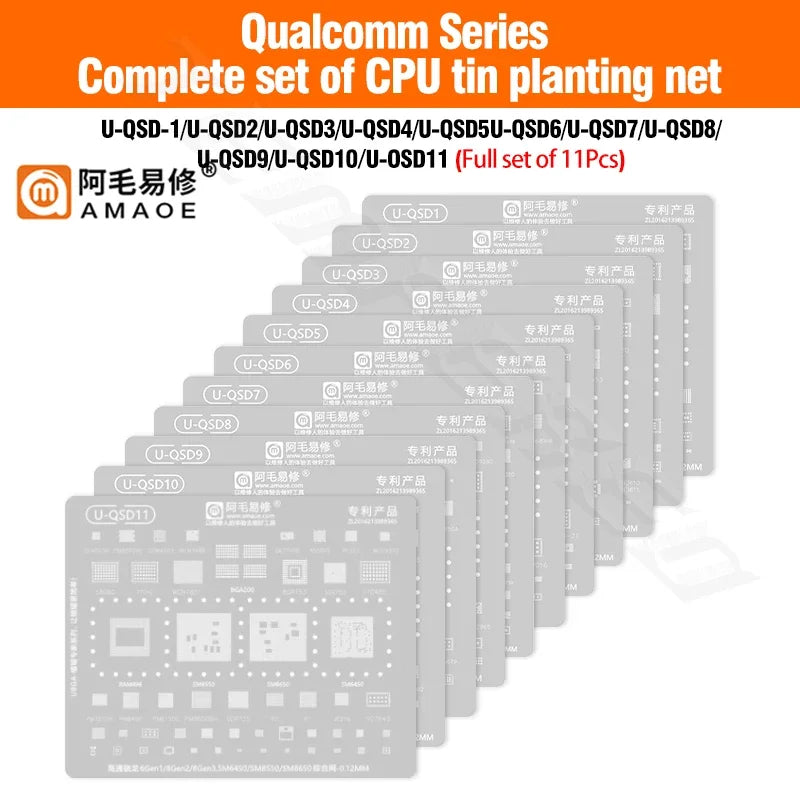 AMAOE Qualcomm Universal Multi-Function BGA Reballing Stencil for U-QSD/U-QSU/Comprehensive Net /CPU 0.12mm Planting Tin Mesh
