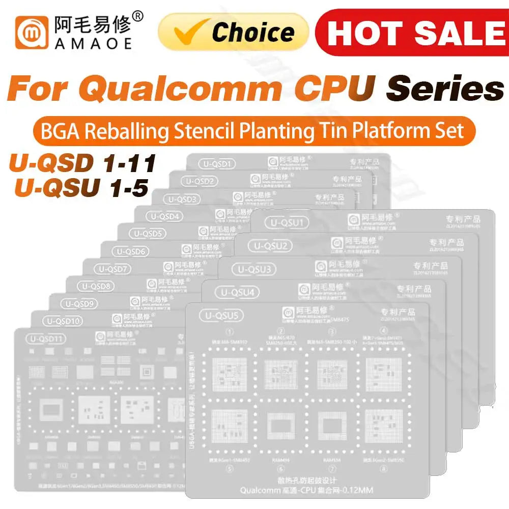 AMAOE Qualcomm Universal Multi-Function BGA Reballing Stencil for U-QSD/U-QSU/Comprehensive Net /CPU 0.12mm Planting Tin Mesh