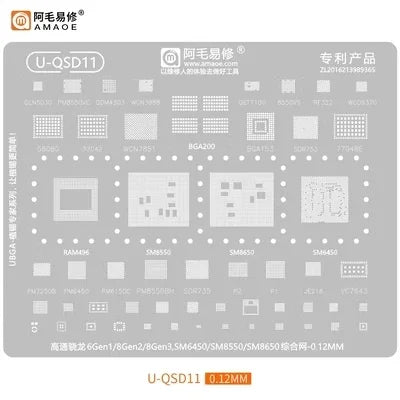 AMAOE Qualcomm Universal Multi-Function BGA Reballing Stencil for U-QSD/U-QSU/Comprehensive Net /CPU 0.12mm Planting Tin Mesh
