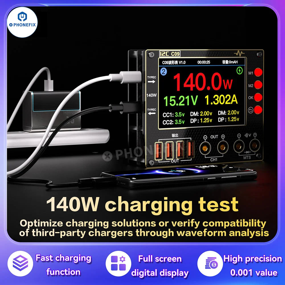 i2C C09 Waveform Ammeter Dual Channel Voltage Current Tester LCD Display Fast Diode Scaning for Phone Electronic Repair