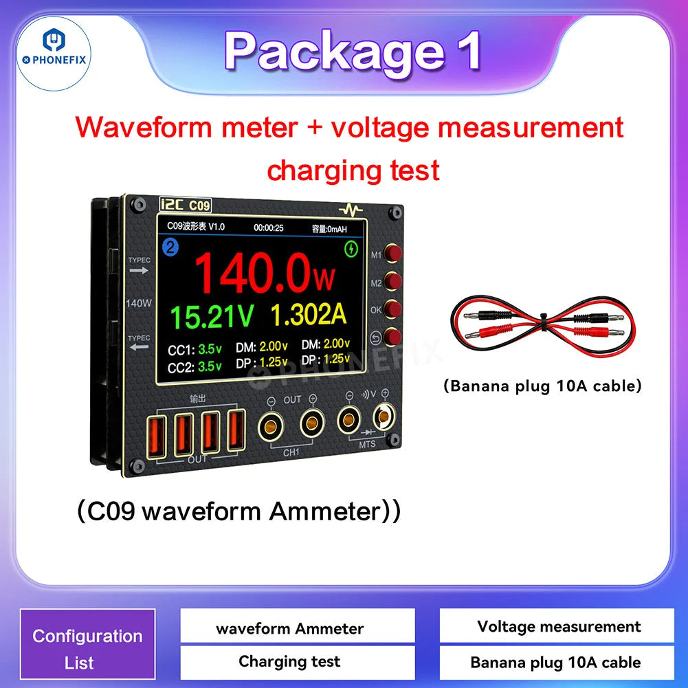 i2C C09 Waveform Ammeter Dual Channel Voltage Current Tester LCD Display Fast Diode Scaning for Phone Electronic Repair